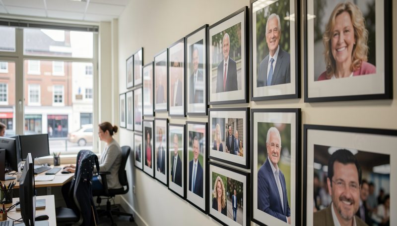 A picture editor selects portrait prints for a feature wall inside a busy newsroom.
