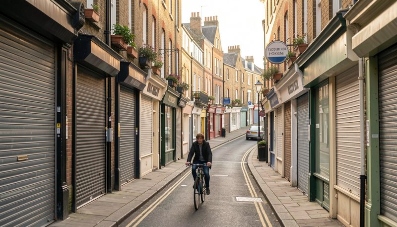 A terraced street with shuttered shops and a cyclist passing under soft morning light.